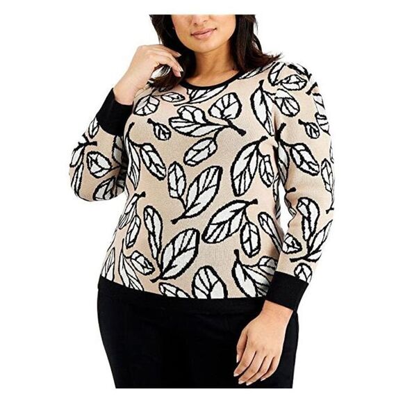 NWT! Anne Klein Latte Combo Leaf Print Jacquard Puff Shoulder Sweater 3X - Picture 1 of 6